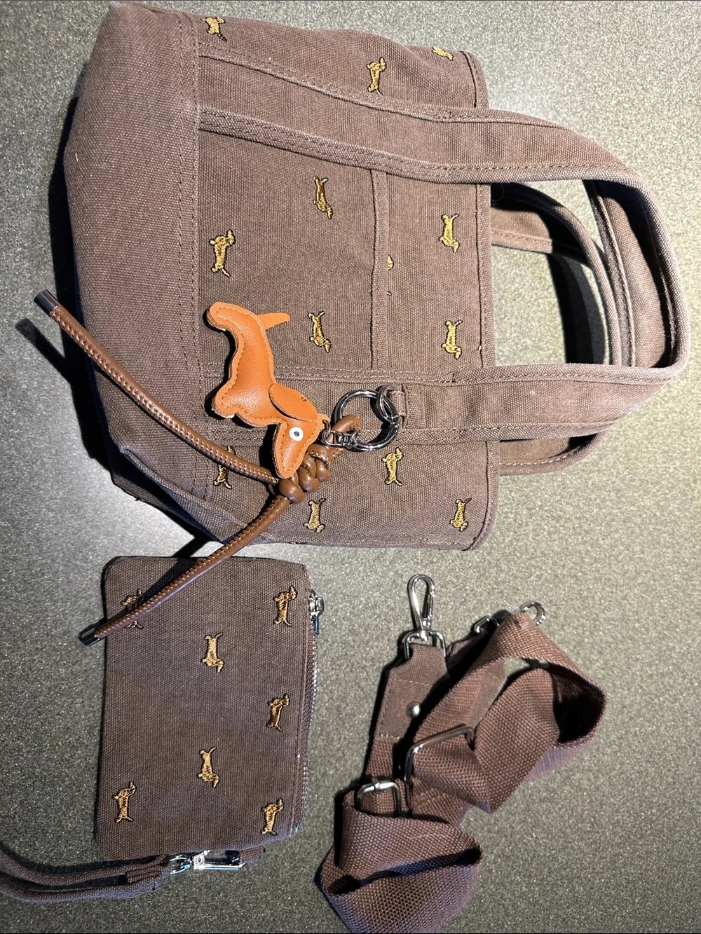 Madden Girl Brown Canvas Mini Tote with Dog Charm - Picture 1 of 8